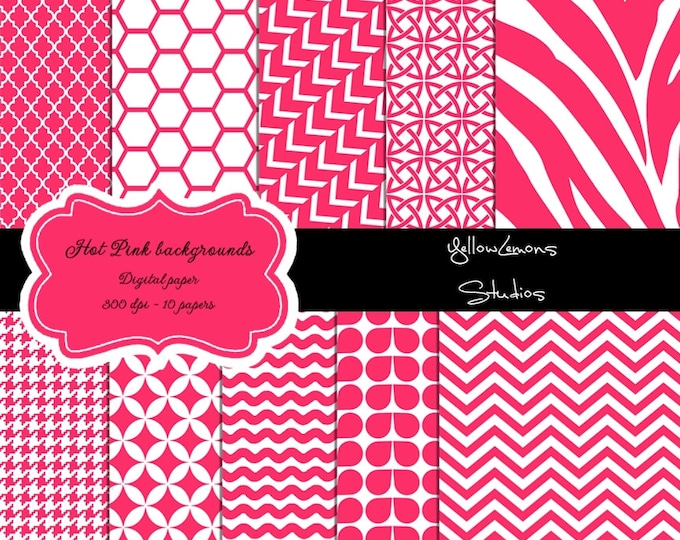 Hot pink digital paper: "PINK PATTERNS" pink digital paper with chevron, zebra pattern, arrow patterns, honeycomb, quatrefoil, backgrounds