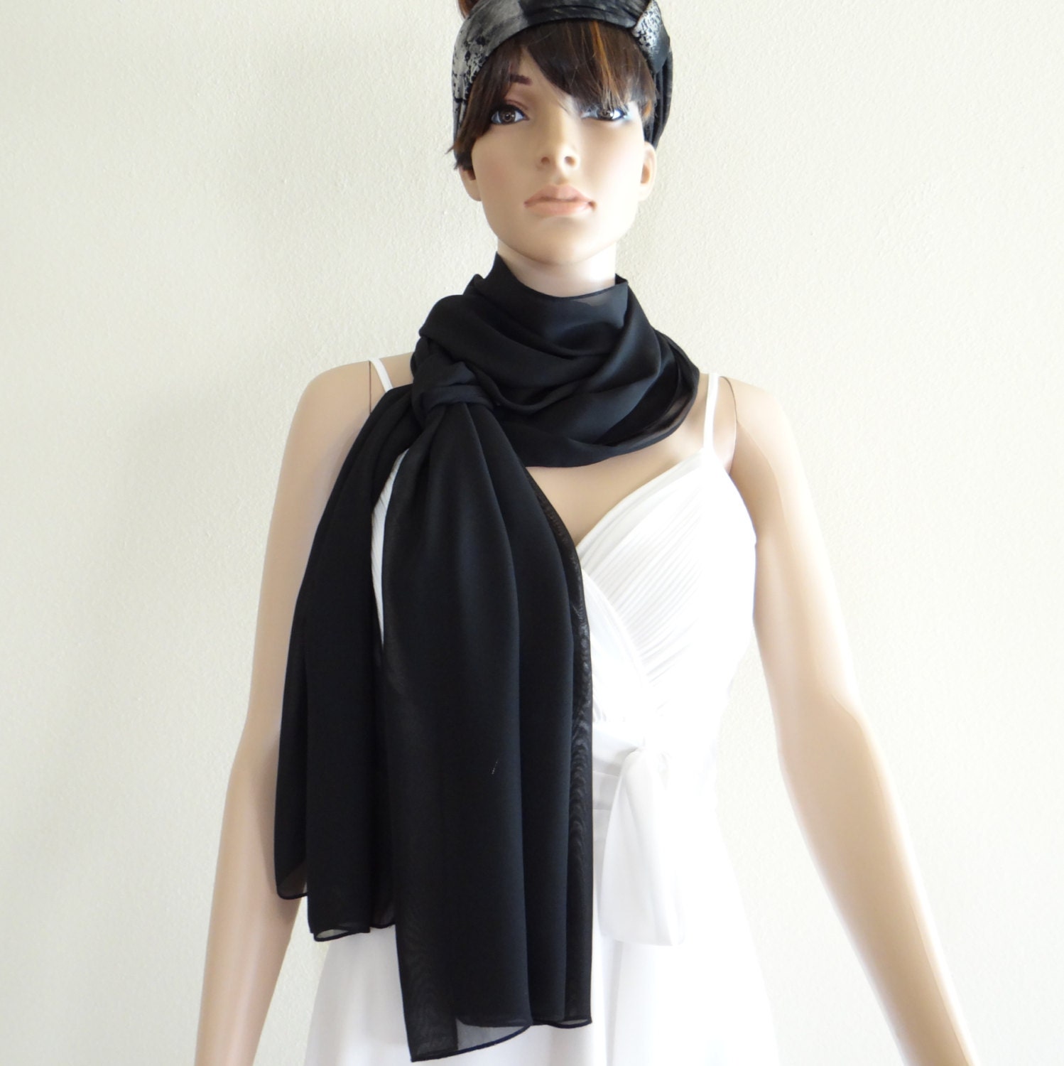 Black Long Scarf. Wrap Scarf. Chiffon Scarf