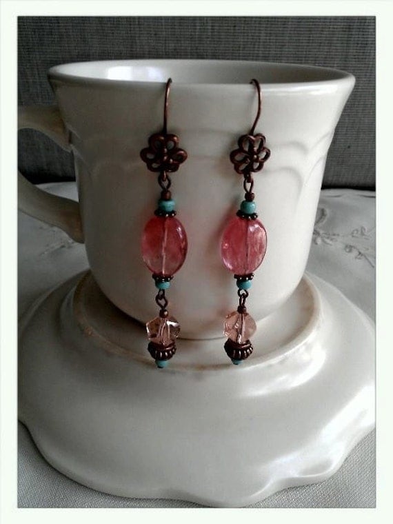 Downton Abbey spring style copper and cherry quarts OOAK earrings. #copper earrings, #cherry quarts earrings, #rose earrings,#OOAK earrings