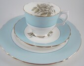 Crown Staffordshire 3 PC Teacup, Saucer & Plate Light Blue Stripe with Gray Rose Stunning