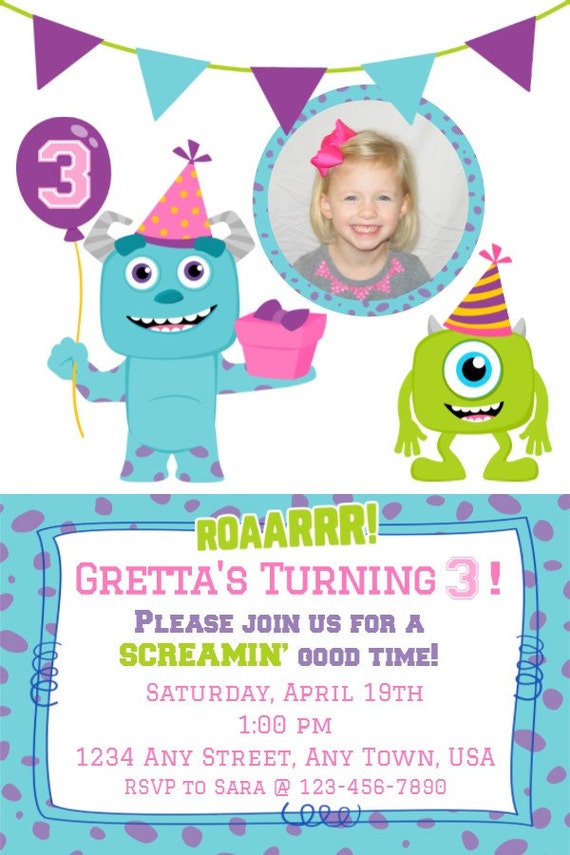 Monster Inc. Birthday Invitation Girl