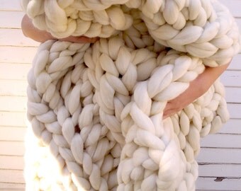 Huge Super Chunky Knit Merino Wool Blanket 60" x 60" Giant Knit, Extreme Knitting, Extra Chunky Wool Blanket, Bulky Knit Blanket, Arm Knit