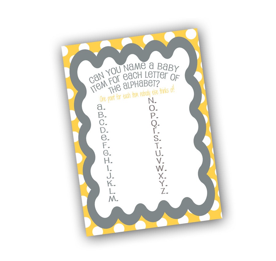 Letters of the Alphabet Baby Shower Game 5x7 Shower Game