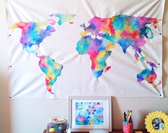 Map Of The World Tapestry Watercolor World Map Tapestry