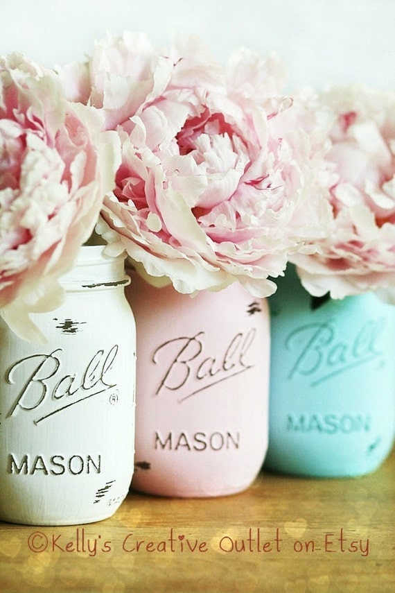 Wedding Decor - Wedding Shower Decor - Baby Shower Decor - Centerpiece - Baby Room - Painted Mason Jars - Mason Jar Decor - Mason Jar