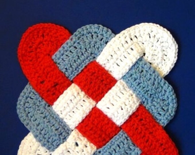 Hot Pad / Trivet - Patriotic Red, White, and Blue - Celtic Knot Design - Handmade Crochet Trivet