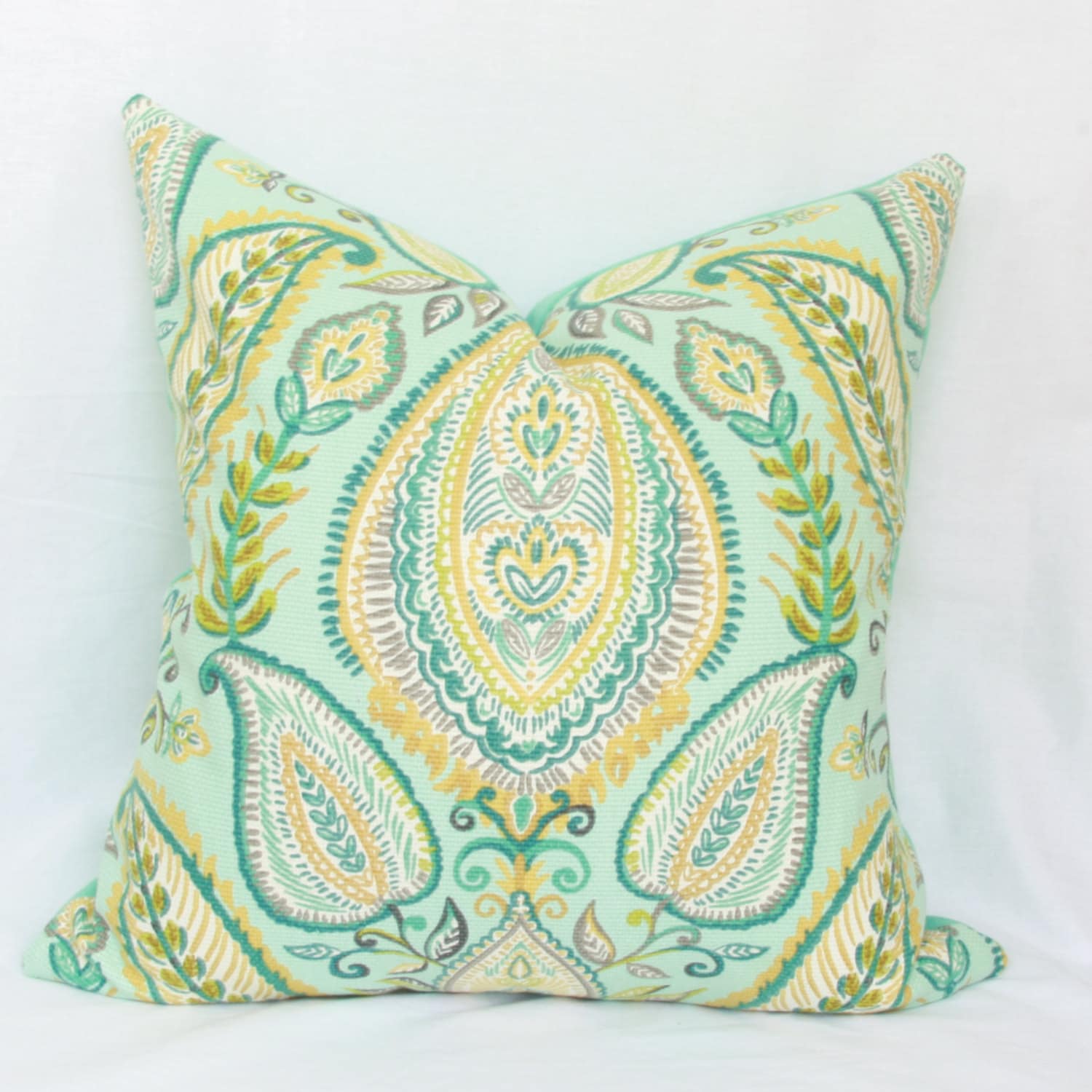 Aqua blue teal & citrine decorative pillow cover. 18 x