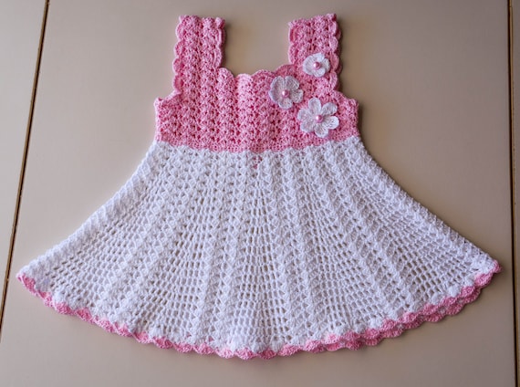 Crochet White And Pink Baby Dress Baby Christening Dress