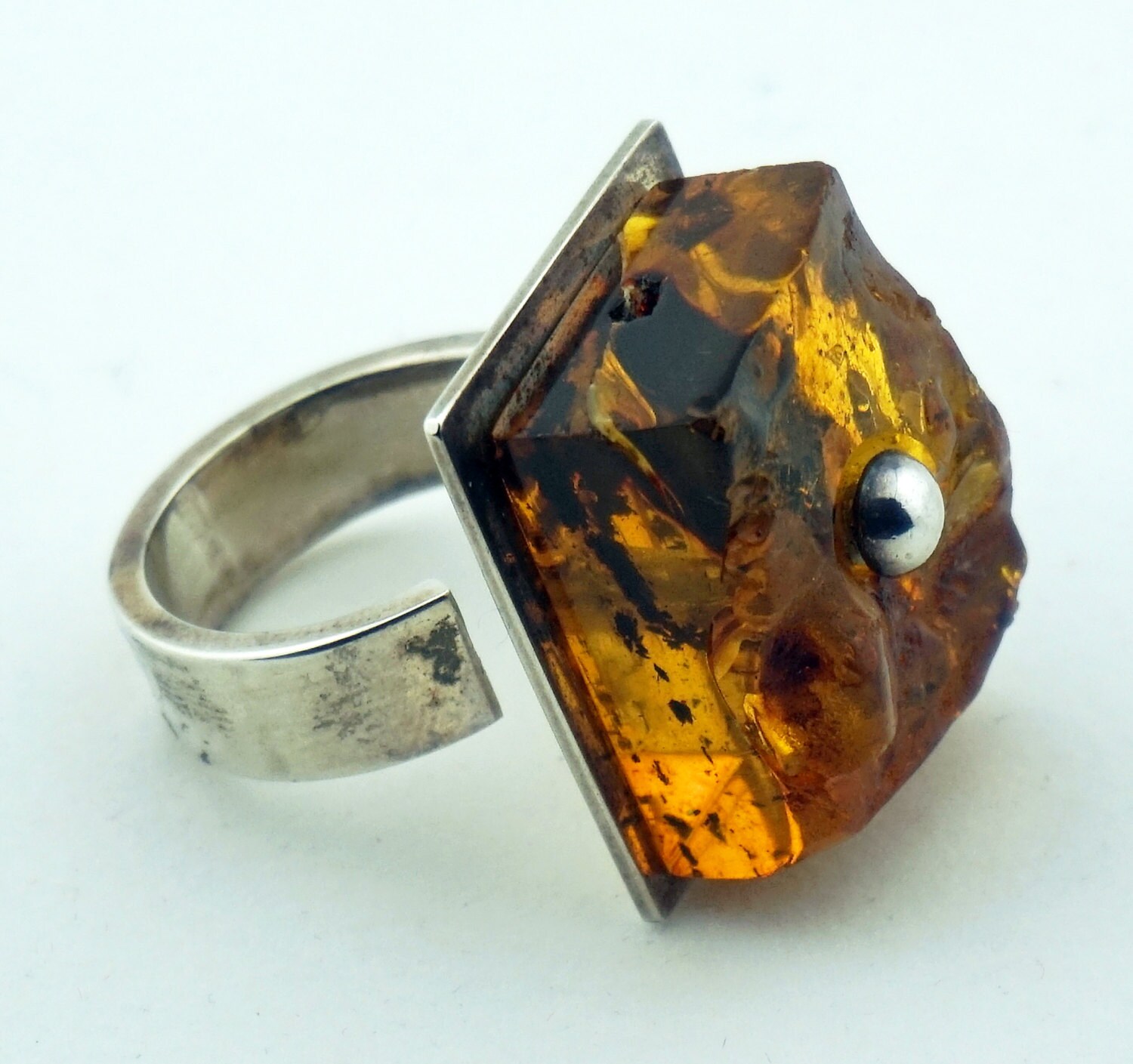 BALTIC AMBER RING Unique Sterling Silver Ring Organic Raw