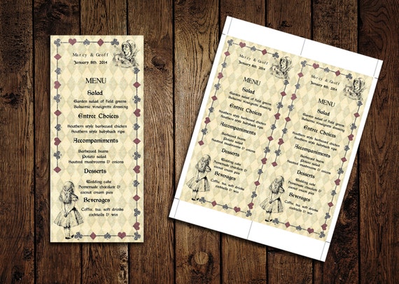 Printable Menu Card Template Alice in Wonderland Wedding