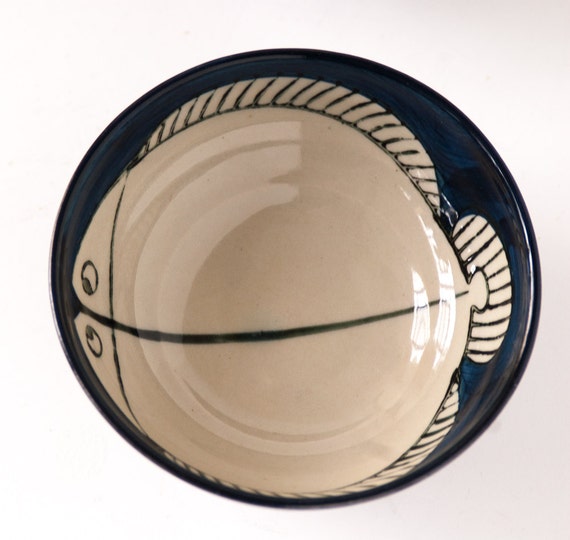 Mid century modern japanese rice bowls / Fish design / Set of