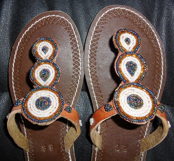 African Colours Beaded Leather Sandals Flip-Flops -Style No.07