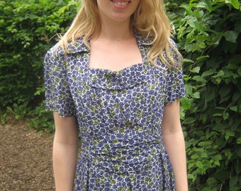 Vintage summer dress, roses in blue/green