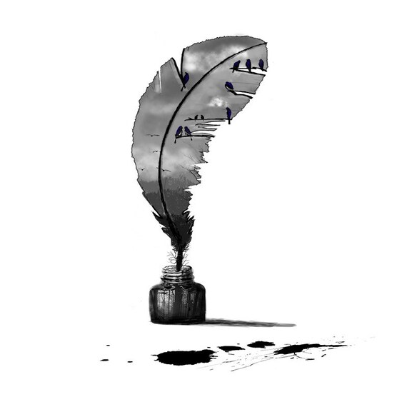 Feather quill pen ink pot ravens black white by SummonTheShaman