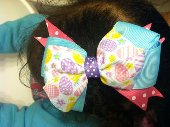 Girls Handmade Hair Bow Accessory, Easter Egg Bash Hair Bow, Children's Easter Theme Boutique Style Hair Bow