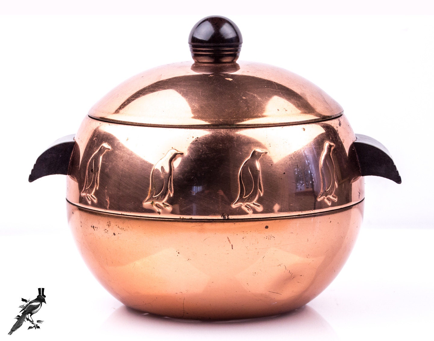 Mid Century Copper Round Penguin Ice Bucket/Insulated Hot or