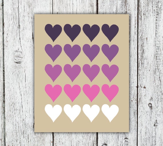 Valentine's Ombre Hearts Purple Printable Art Print, pink and radiant orchid, home decor, instant download