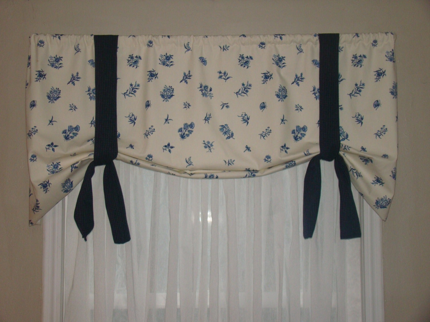 Window Valance Tie Up Valance Blue and White/Cream Flowers