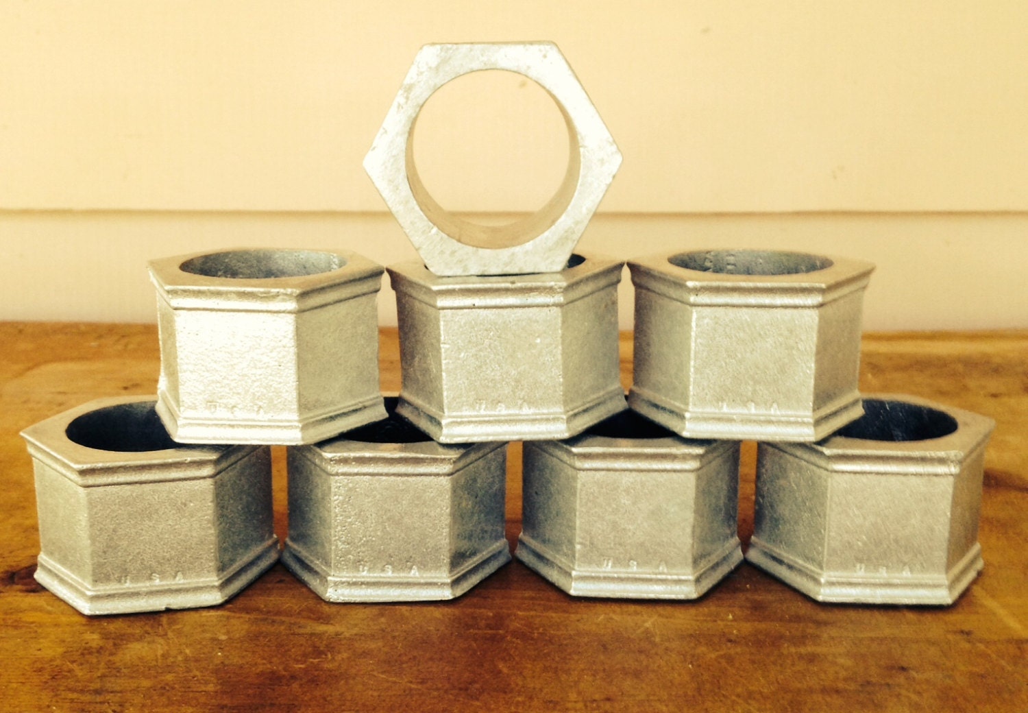 Unusual Set of Eight Aluminum Napkin Rings Haute Juice