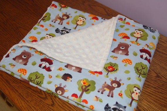 Handmade Baby Blanket Woodland Animals Print With White Minky