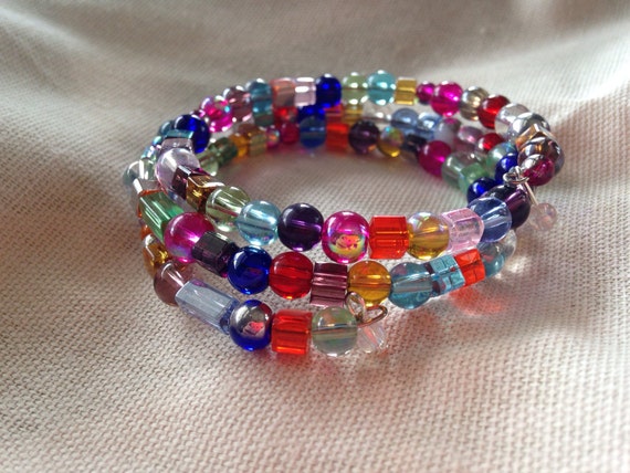 Multicolored Glass Bead Memory Wire Wrap Bracelet 4781