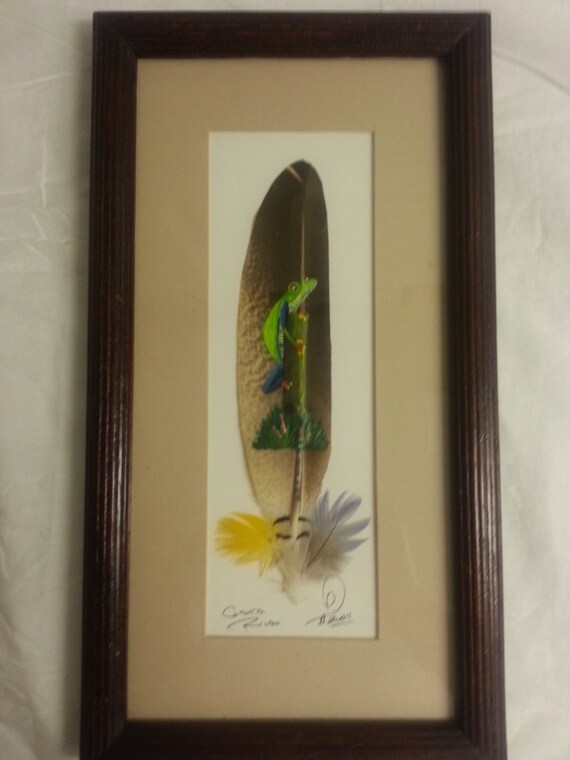 Framed Hand Painted Feather Art From Costa Rica Gecko on a