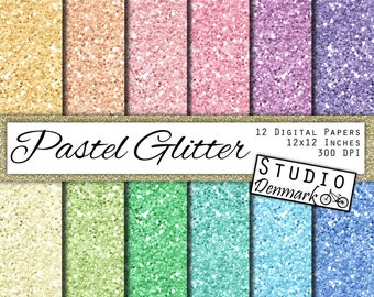 Pastel Glitter Digital Paper - Pale Colors Chunky Glitter - 12 Light Colors 12in x 12in - Instant Download Glitter Digital Paper