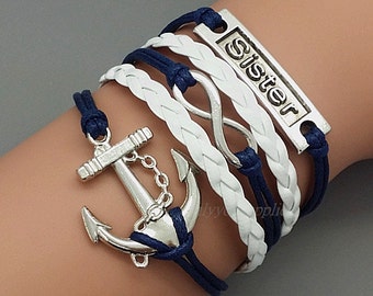 SALE Anchor Infinity Sister Bracelet Antique Silver Navy Wax Cord White ...