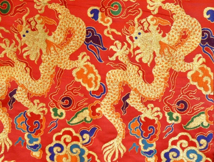 Red Thick Brocade Dragon Tibetan Textile Tibetan by Mandalacrafts