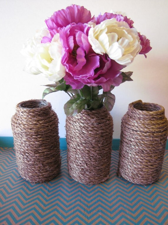 Set of 3 upcycled glass jar wrapped in rope/twine