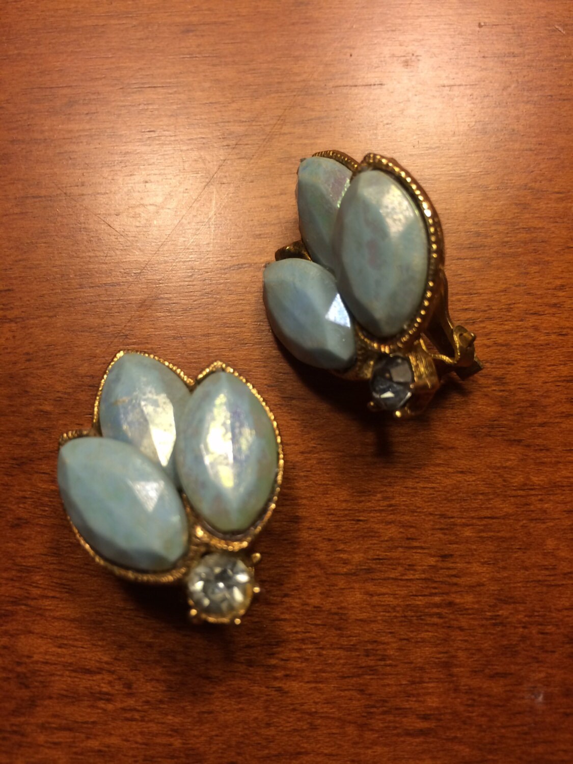Light Blue Rhinestone Earrings Clip Ons Blue Stone Clip Ons