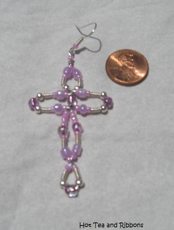 Pink and Silver Beaded Cross Earrings