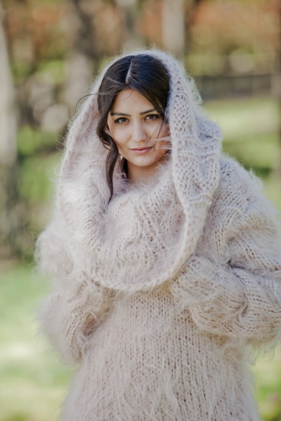 Cream Mohair Dress Cowl Neck Sweater Hand Knit Dress Fluffy