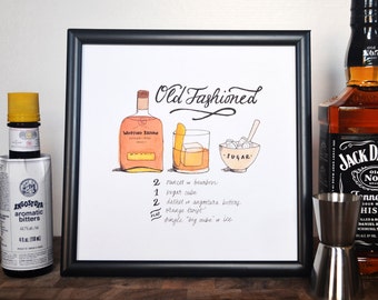 Old Fashioned Classic Cocktail Recipe, Print of Original Handlettered Watercolor Art, Wall Art, Bar Cart, Kitchen Decor