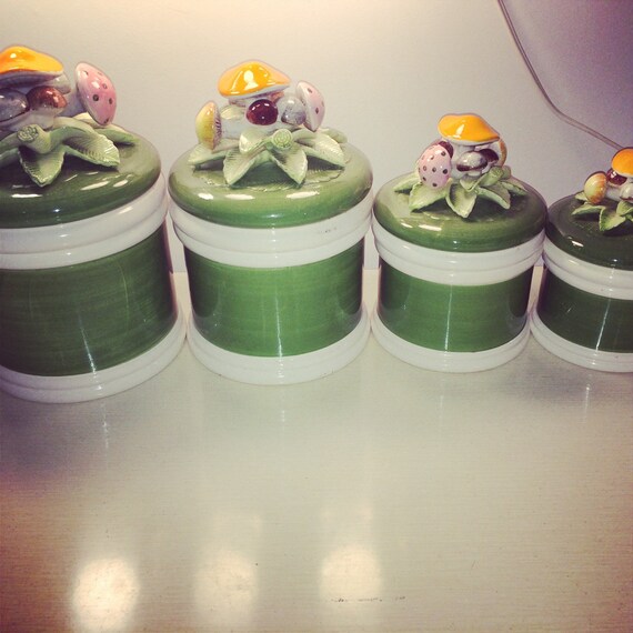 Items similar to Set of 4 large vintage green mushroom canisters on Etsy