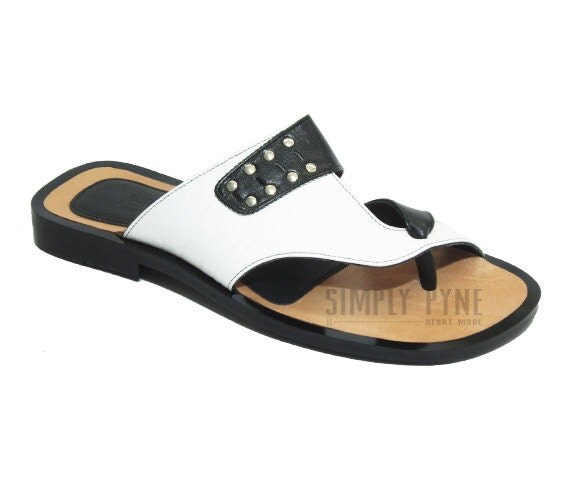 Mens leather sandals black and white handmade slides by SimplyPyne
