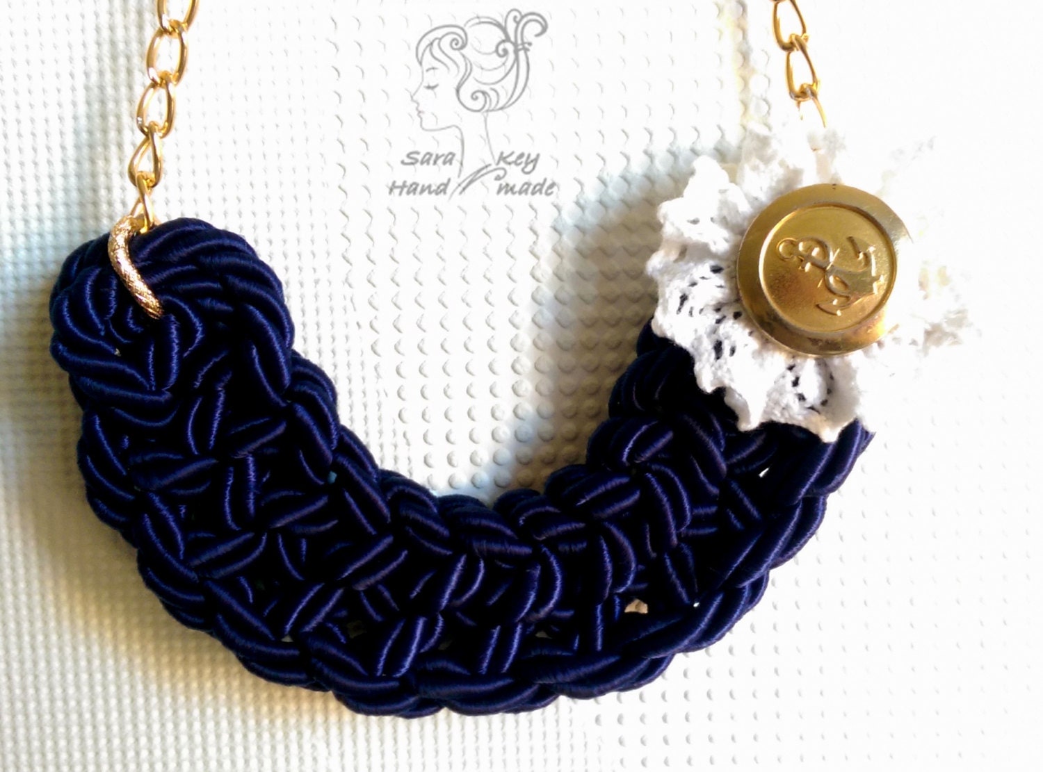 Navy Blue Satin Rope Nautical Necklace SaraKey Handmade