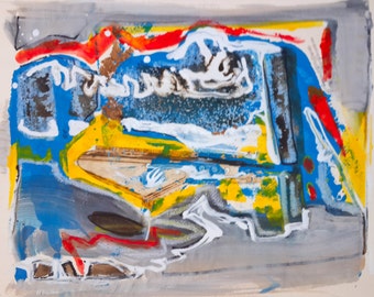 Abstract Art on Paper, Abstract Acrylic, Abstract Art Original Painting, Mixed Media Collage Art, Living Room Wall Decor, Wall Art blue