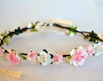 Flower crown perfect for weddings or festivals, pink and white small and large flowers. Will ship worldwide.