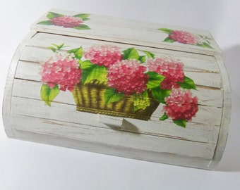 Best Seller: White Roll Top Wooden Bread Box Decoupaged with Hydrangea Flowers + FREE GIFT