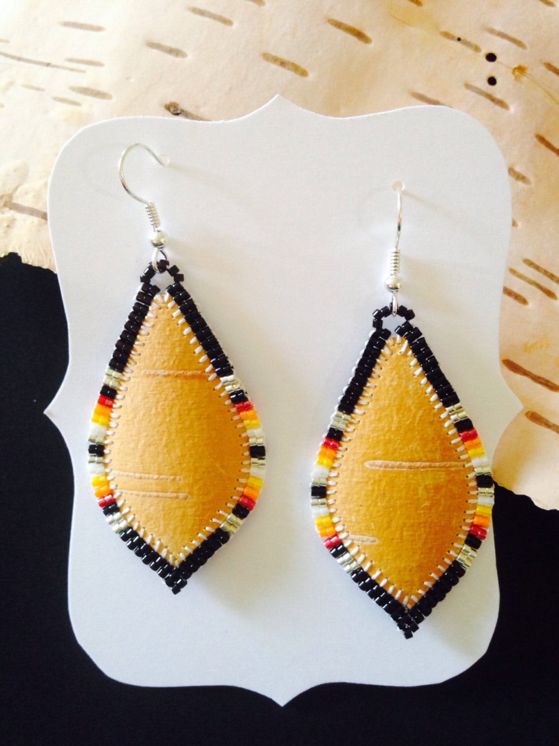 Native American Birch Bark & Beaded Teardrop Earrings.
