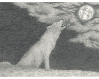 Wolf Howling at Moon ART PRINT of original graphite pencil hand drawn ...