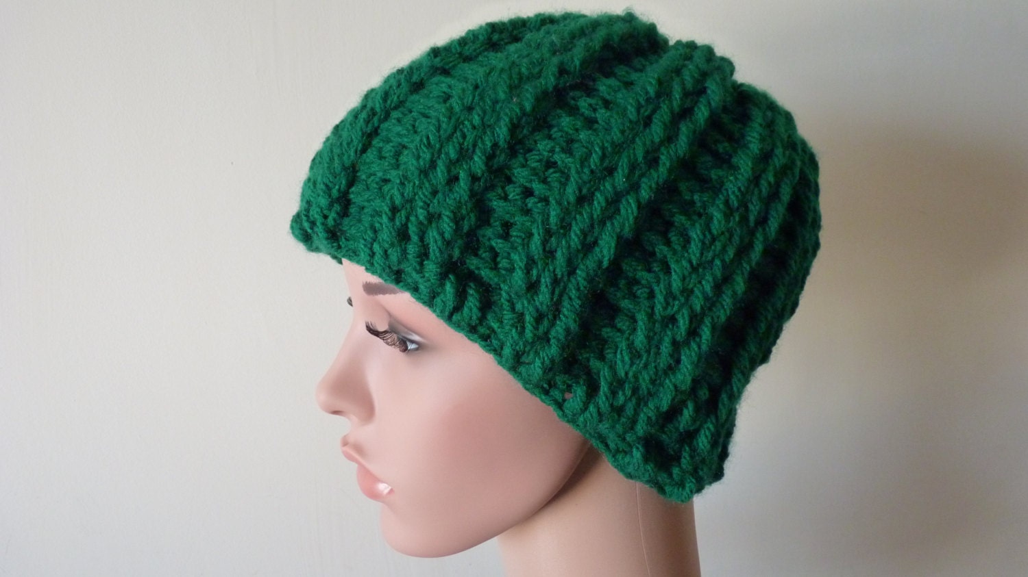 Beanie Hat Cap Green Women Thick Irish Fisherman Ribbed Wool