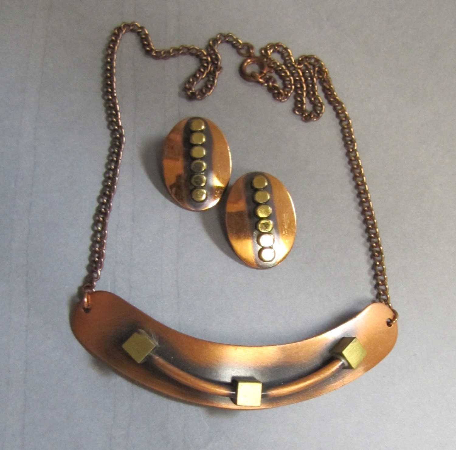 60’s Mid Century MODERN Brass & Copper Necklace w Matching