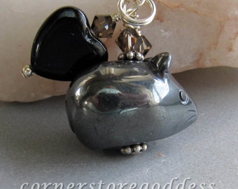 Hematite Hamster Gerbil Mousie Mouse Charm Zipper Pull by Cornerstoregoddess