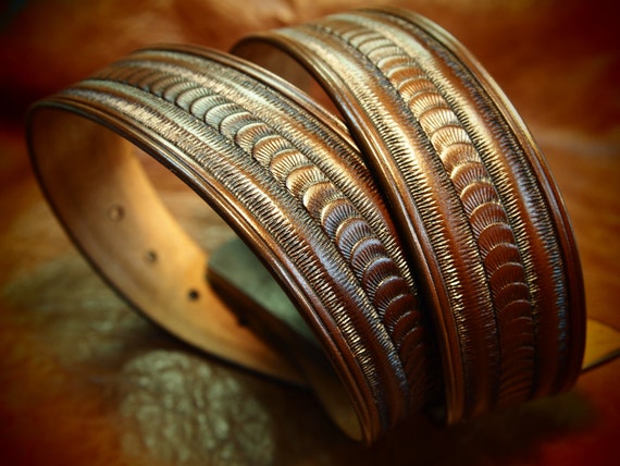 Brown Leather belt stamped and tooled Rich walnut finish made for YOU in Brooklyn NYC USA by Freddie Matara