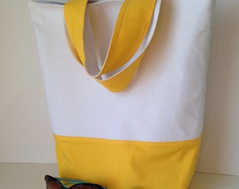 SUMMER CLEARANCE - Tote Bag Canvas - Yellow and White - Beach Bag