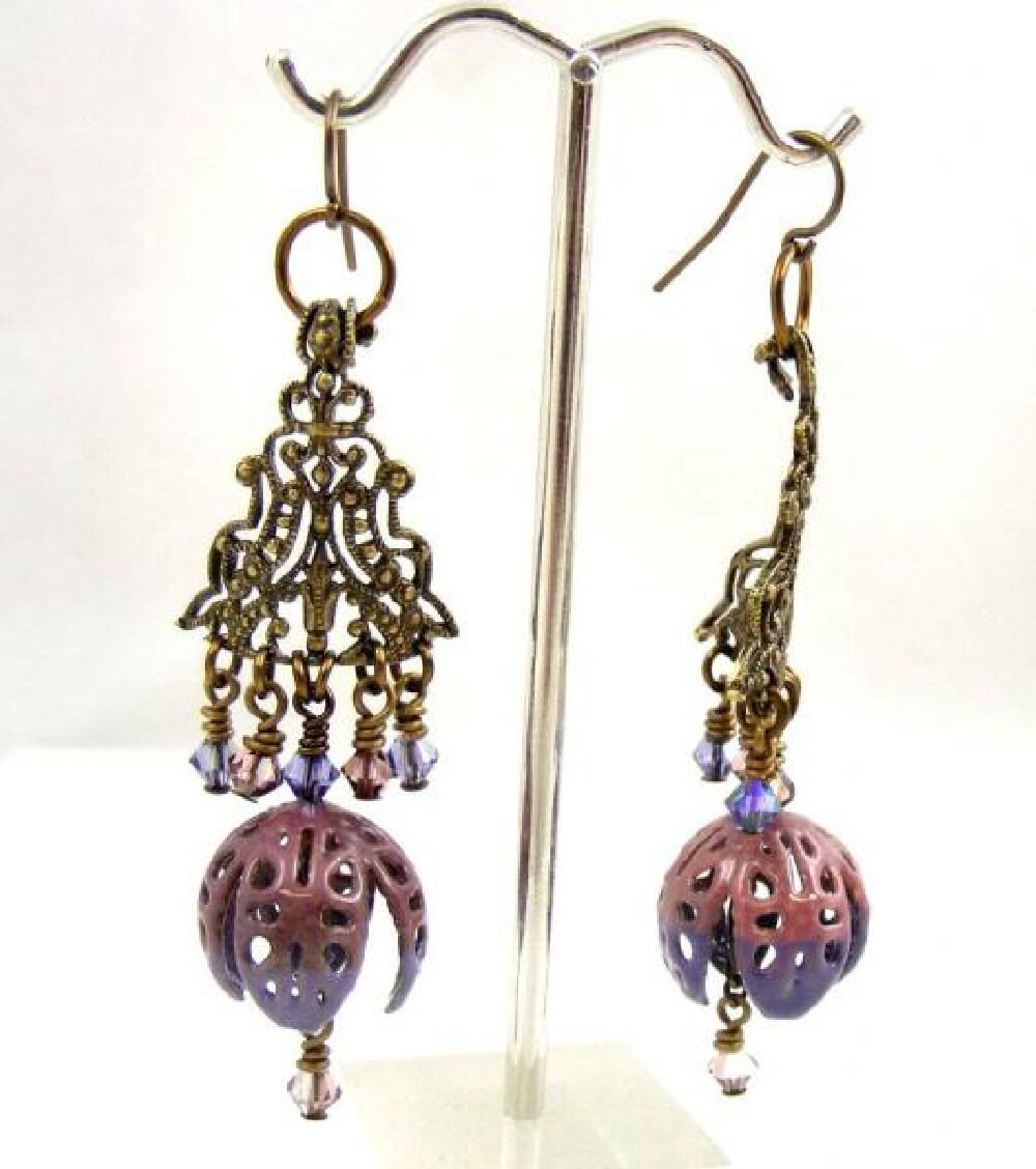 Bronze Filigree Chandelier Earrings Flower Floral Crystal