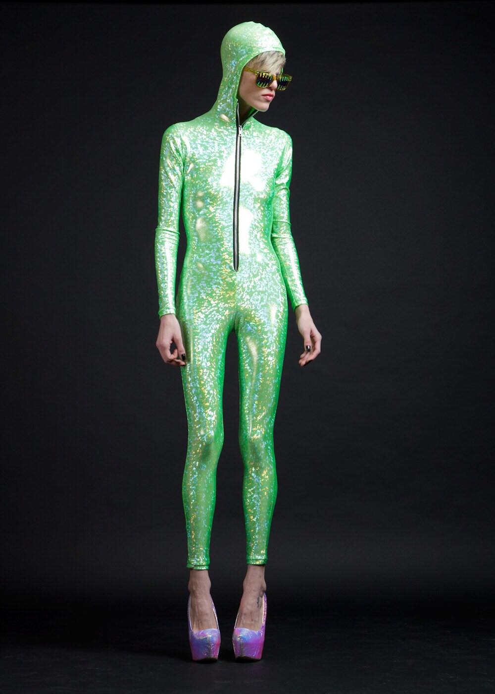 Electric Lime Holographic Bodysuit for Getting Squeezed into a