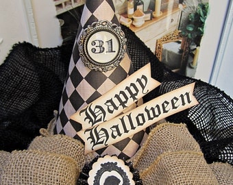 Halloween Decor, Witch Hat, Vintage Halloween, Burlap Halloween Decor, Rustic Halloween Decor, Burlap Witch Hat, Centerpiece, Tan and Black